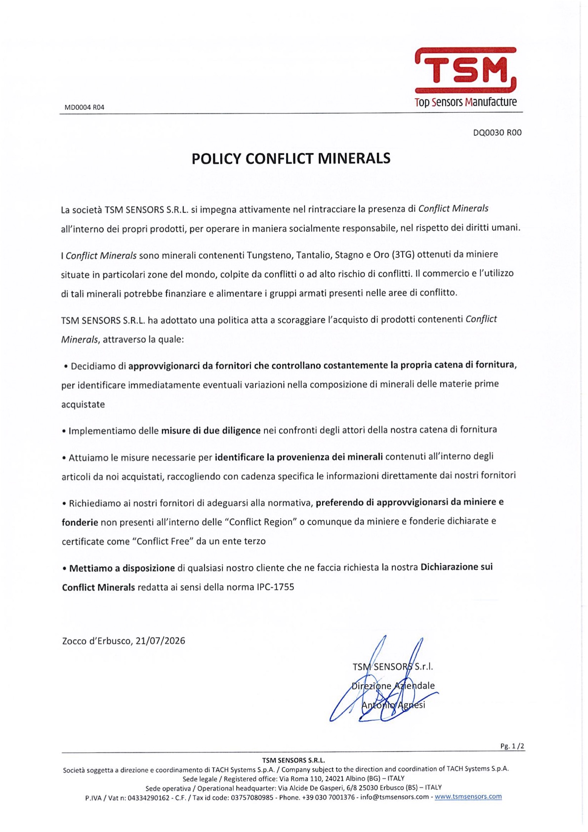 DQ0030 R00 POLICY CONFLICT MINERALS - IRCEF_ITA DQ0030 R00 POLICY CONFLICT MINERALS - IRCEF_ITA